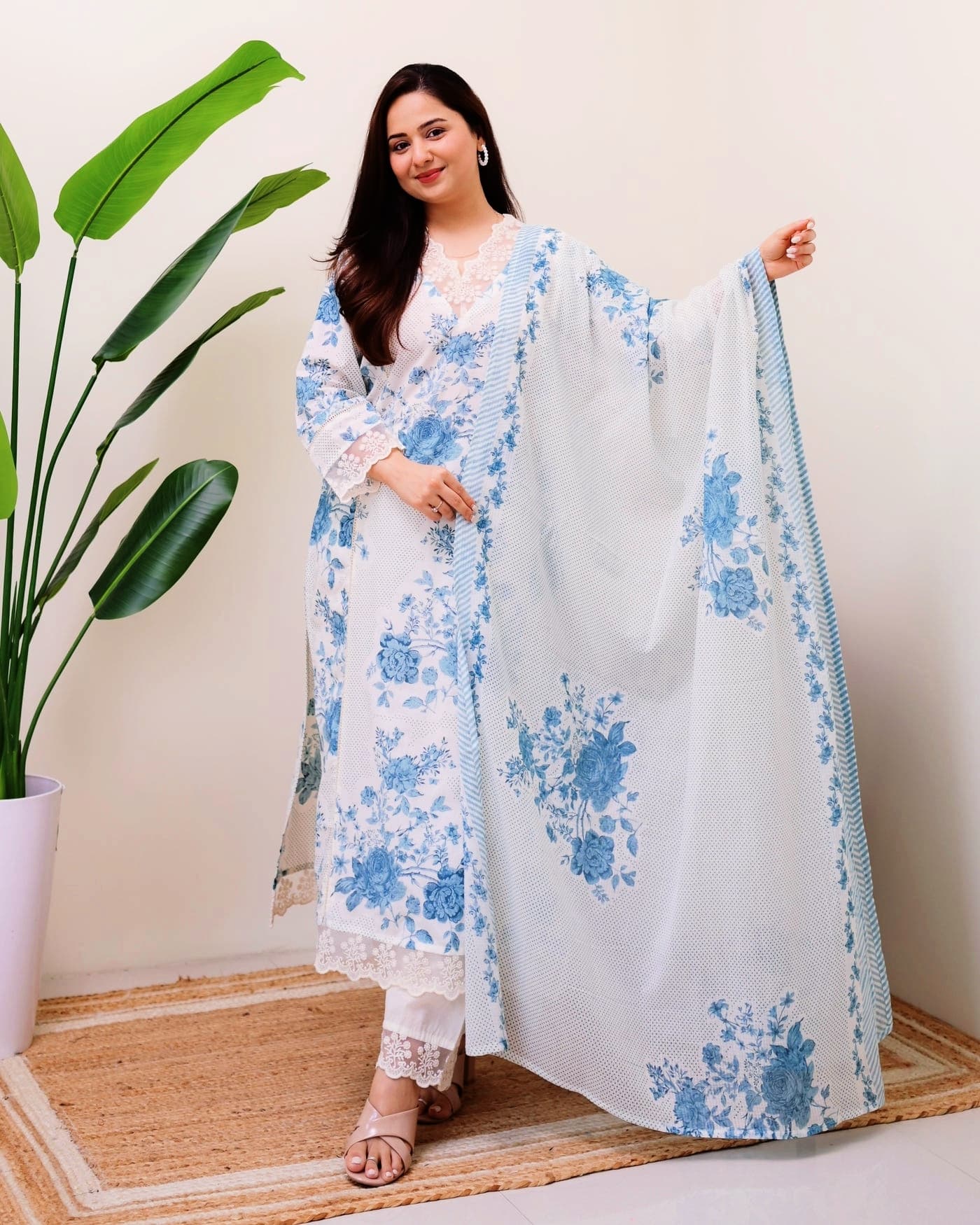 White & Sky Blue Floral Printed 3-Piece Lawn Suit with Lace Details for Women