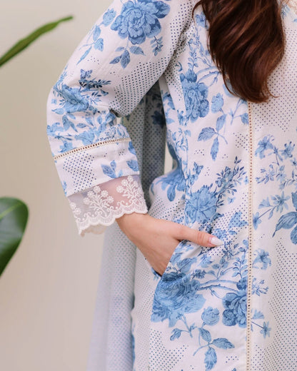 White & Sky Blue Floral Printed 3-Piece Lawn Suit with Lace Details for Women