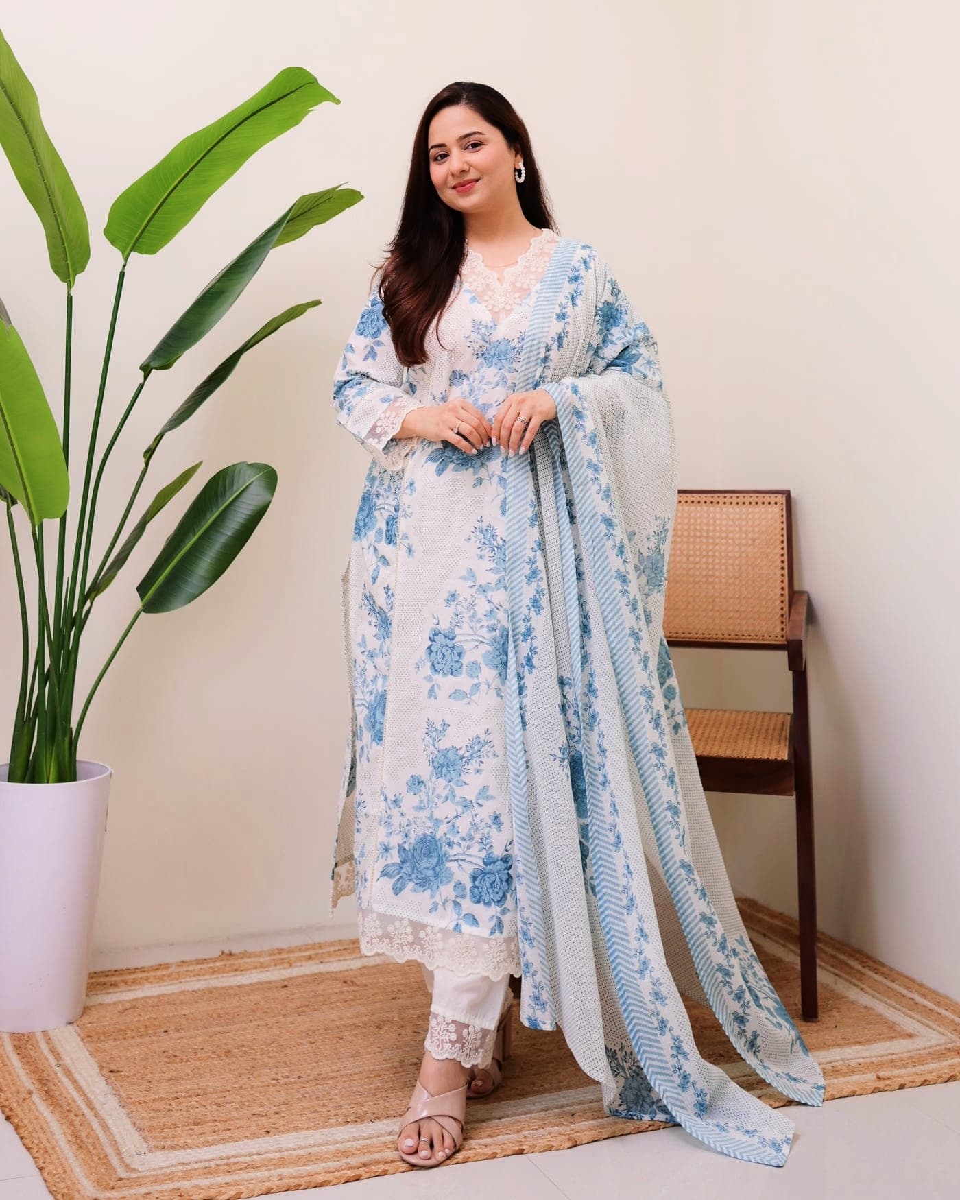 White & Sky Blue Floral Printed 3-Piece Lawn Suit with Lace Details for Women