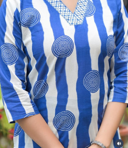 Blue & White Striped Printed Kurta with Matching Pant Set for Women