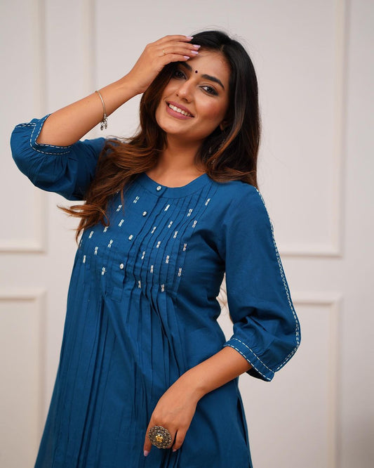 Teal Blue Solid Cotton Kurta with Pintucks & Matching Pant Set for Women