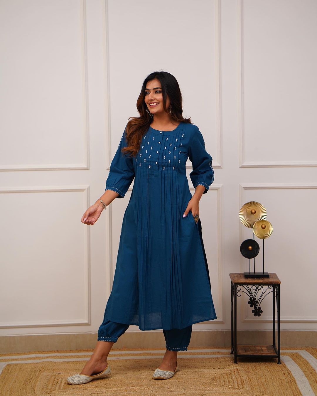 Teal Blue Solid Cotton Kurta with Pintucks & Matching Pant Set for Women