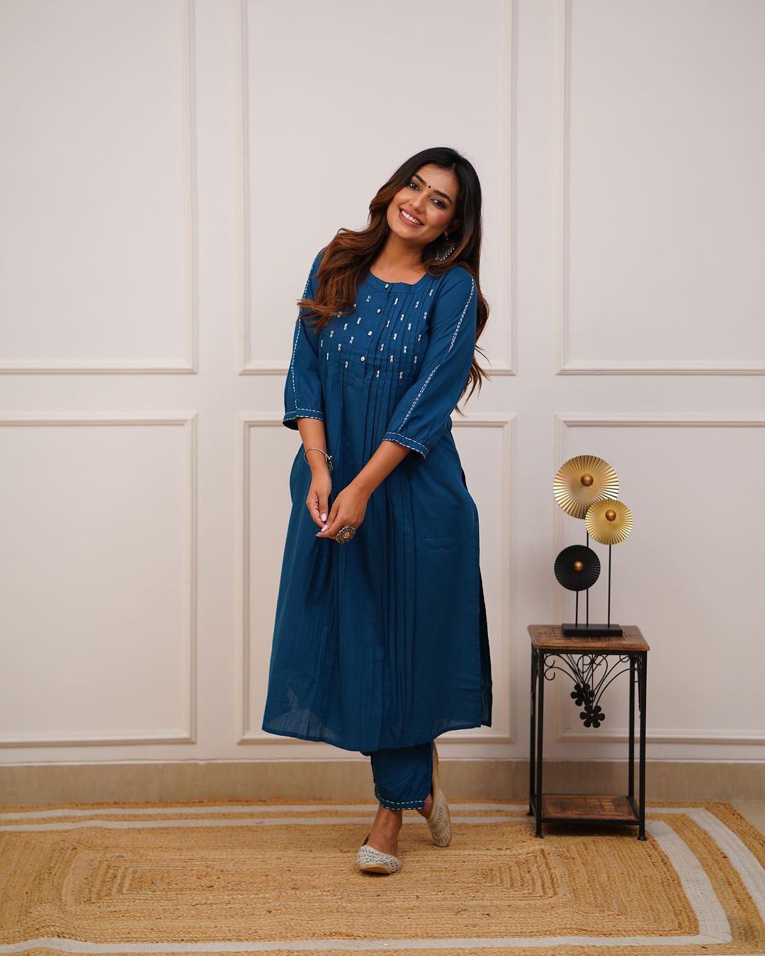 Teal Blue Solid Cotton Kurta with Pintucks & Matching Pant Set for Women