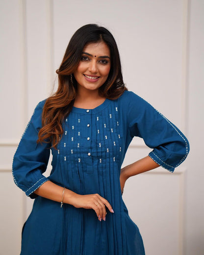 Teal Blue Solid Cotton Kurta with Pintucks & Matching Pant Set for Women
