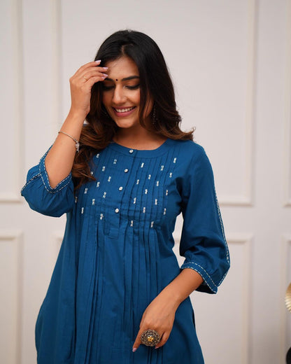 Teal Blue Solid Cotton Kurta with Pintucks & Matching Pant Set for Women