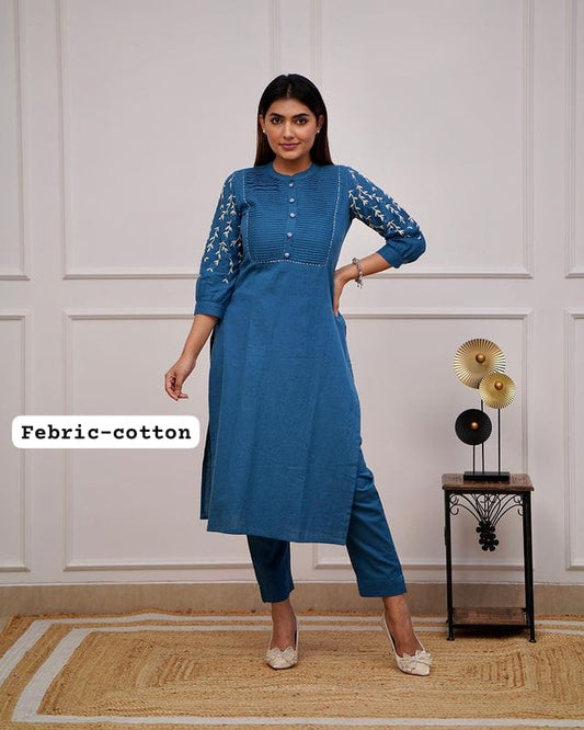 Blue Cotton Embroidered Kurta Pant Set for Women