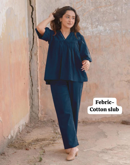 Navy Blue Cotton Slub Top & Pant Co-ord Set for Women | Comfortable Casual Wear