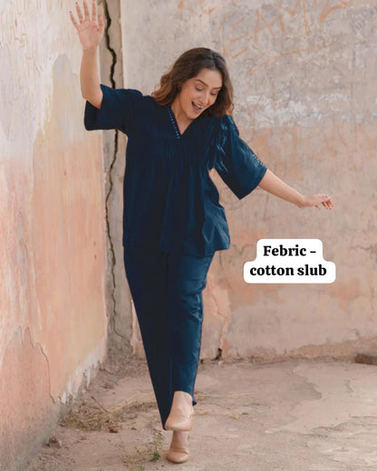 Navy Blue Cotton Slub Top & Pant Co-ord Set for Women | Comfortable Casual Wear