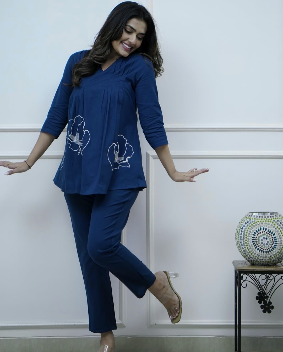 Navy Blue Embroidered Cotton Co-ord Set for Women | Stylish & Comfortable Daily Wear