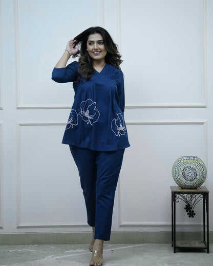 Navy Blue Embroidered Cotton Co-ord Set for Women | Stylish & Comfortable Daily Wear