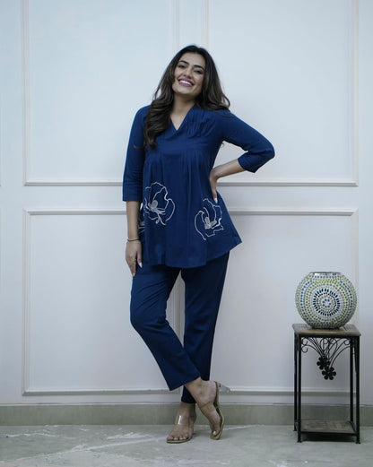 Navy Blue Embroidered Cotton Co-ord Set for Women | Stylish & Comfortable Daily Wear