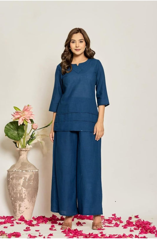 Elegant Teal Blue Cotton Slub Co-ord Set for Women | Stylish Top & Wide-Leg Pants