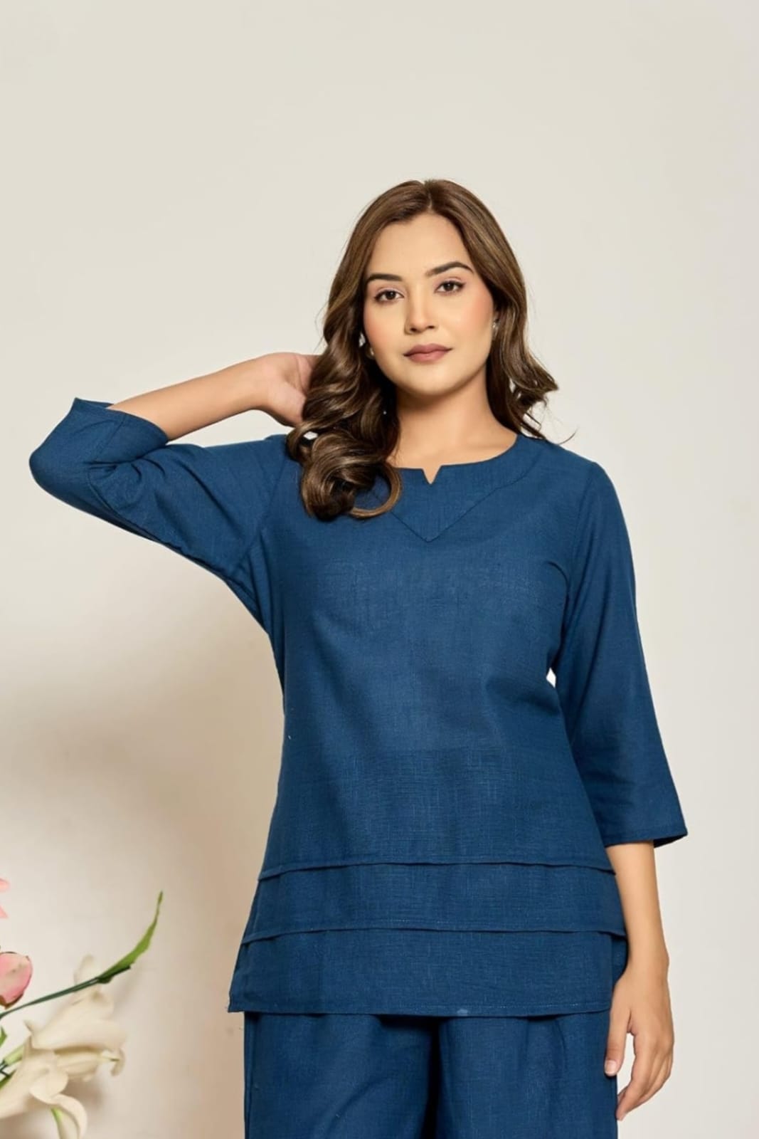 Elegant Teal Blue Cotton Slub Co-ord Set for Women | Stylish Top & Wide-Leg Pants