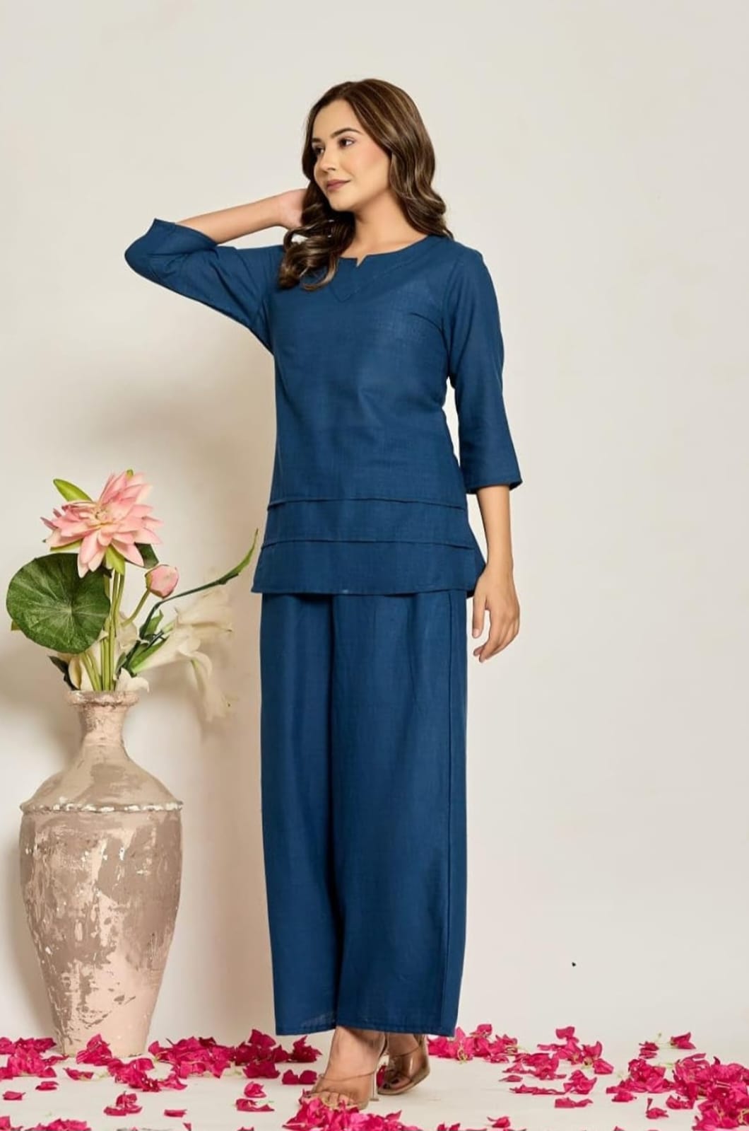 Elegant Teal Blue Cotton Slub Co-ord Set for Women | Stylish Top & Wide-Leg Pants