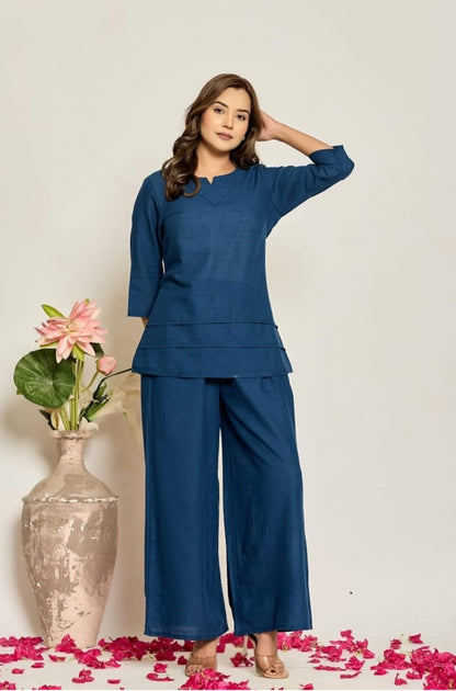 Elegant Teal Blue Cotton Slub Co-ord Set for Women | Stylish Top & Wide-Leg Pants