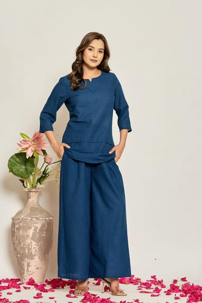 Elegant Teal Blue Cotton Slub Co-ord Set for Women | Stylish Top & Wide-Leg Pants