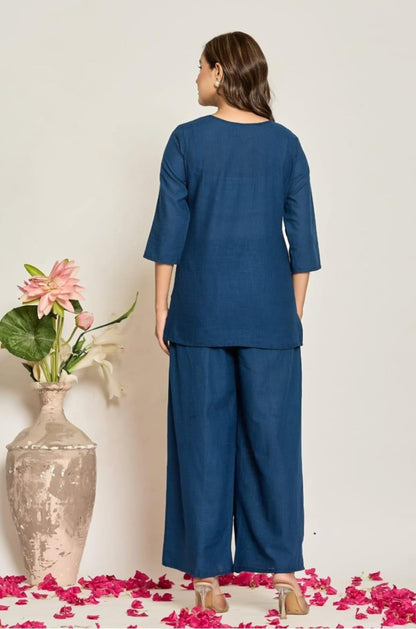 Elegant Teal Blue Cotton Slub Co-ord Set for Women | Stylish Top & Wide-Leg Pants