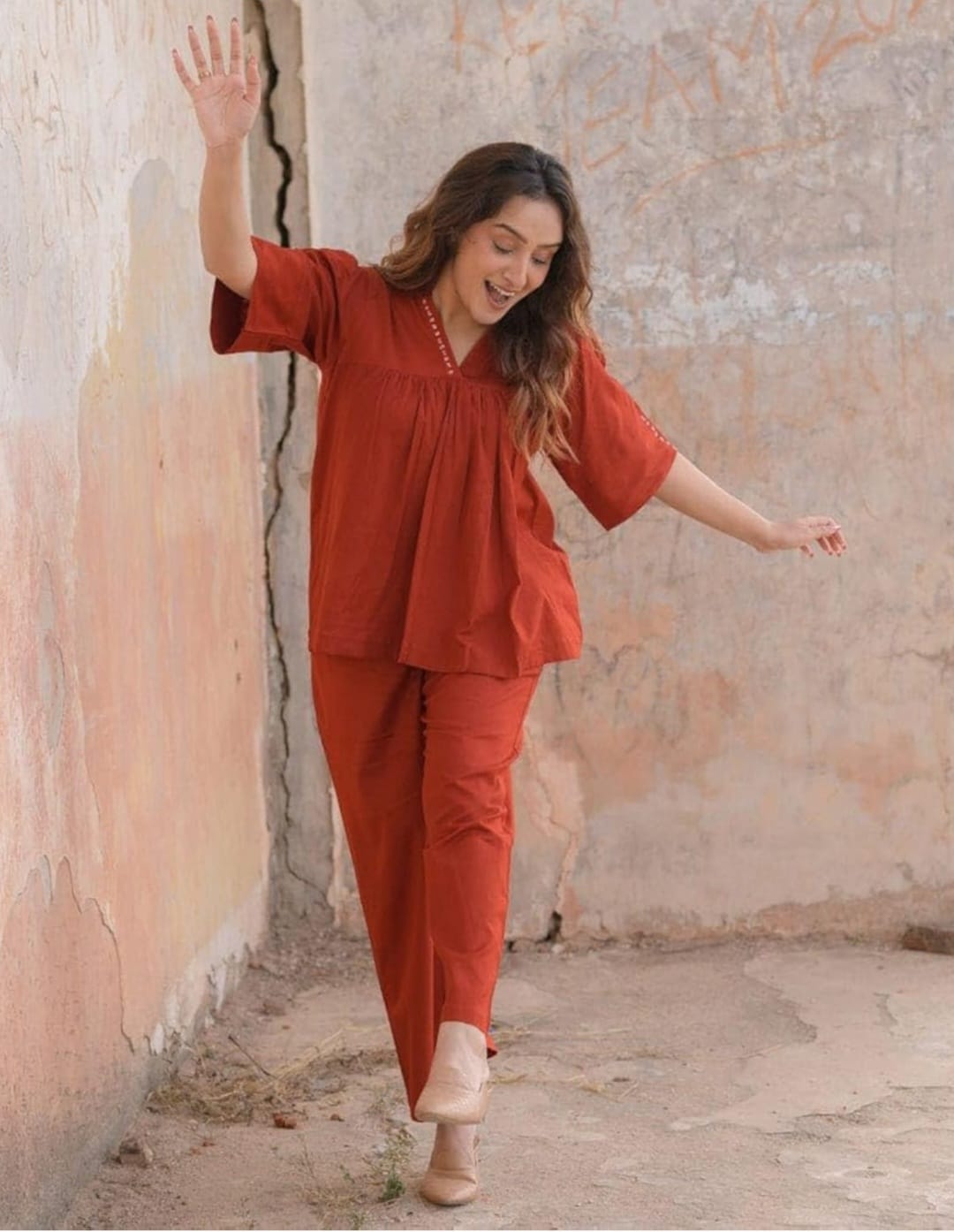 Rust Orange Flared Top & Straight Pant Co-ord Set for Women