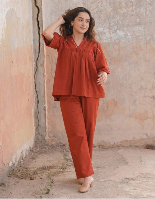 Rust Orange Flared Top & Straight Pant Co-ord Set for Women