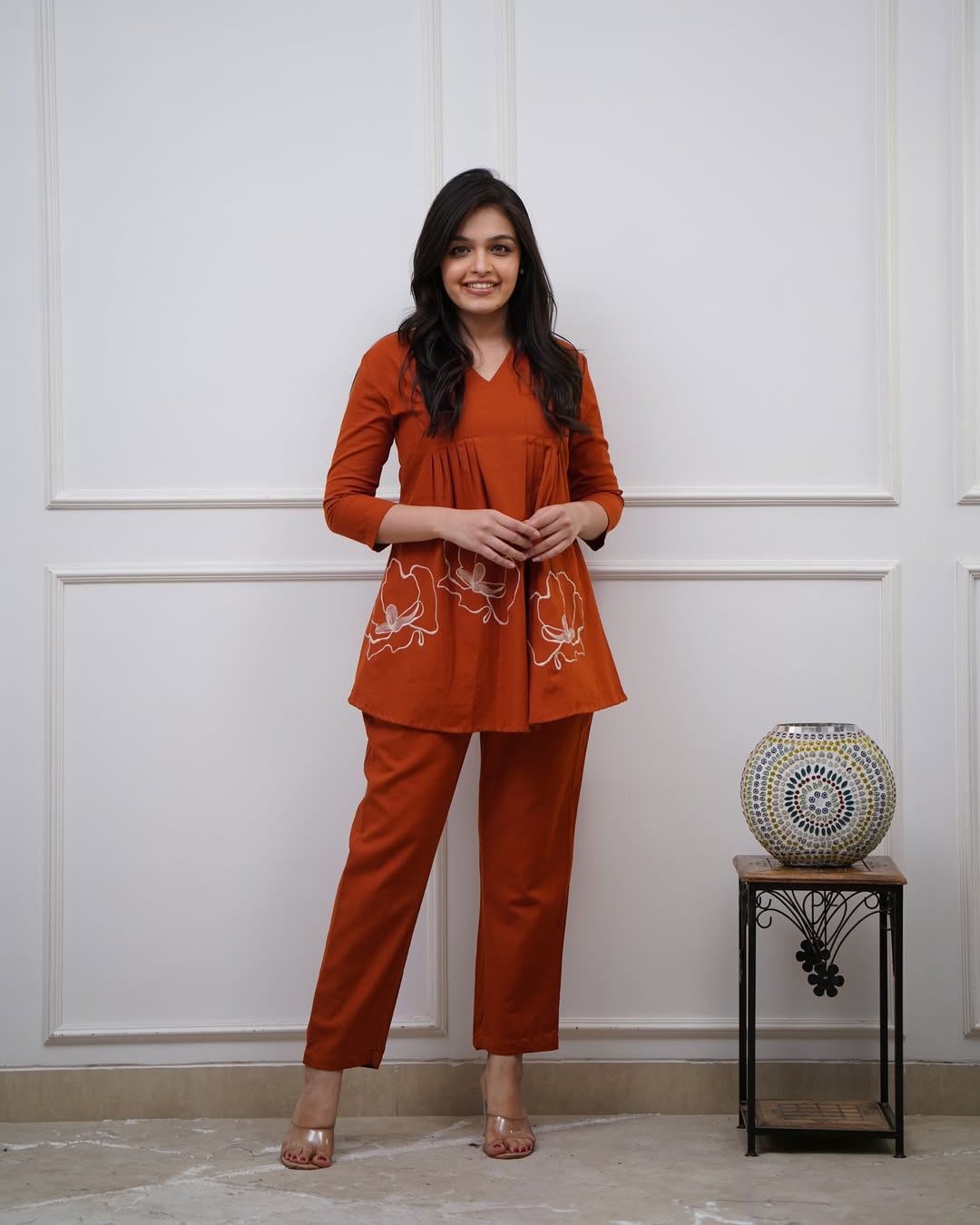 Rust Orange Embroidered Flared Top & Pant Co-ord Set for Women