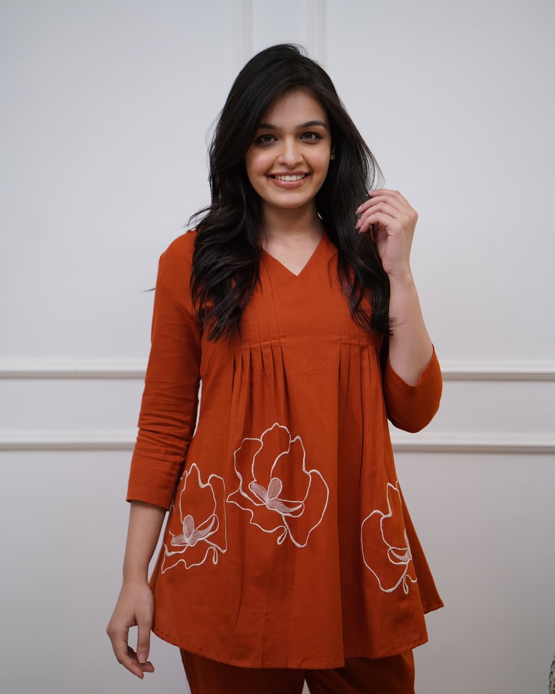 Rust Orange Embroidered Flared Top & Pant Co-ord Set for Women