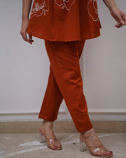 Rust Orange Embroidered Flared Top & Pant Co-ord Set for Women