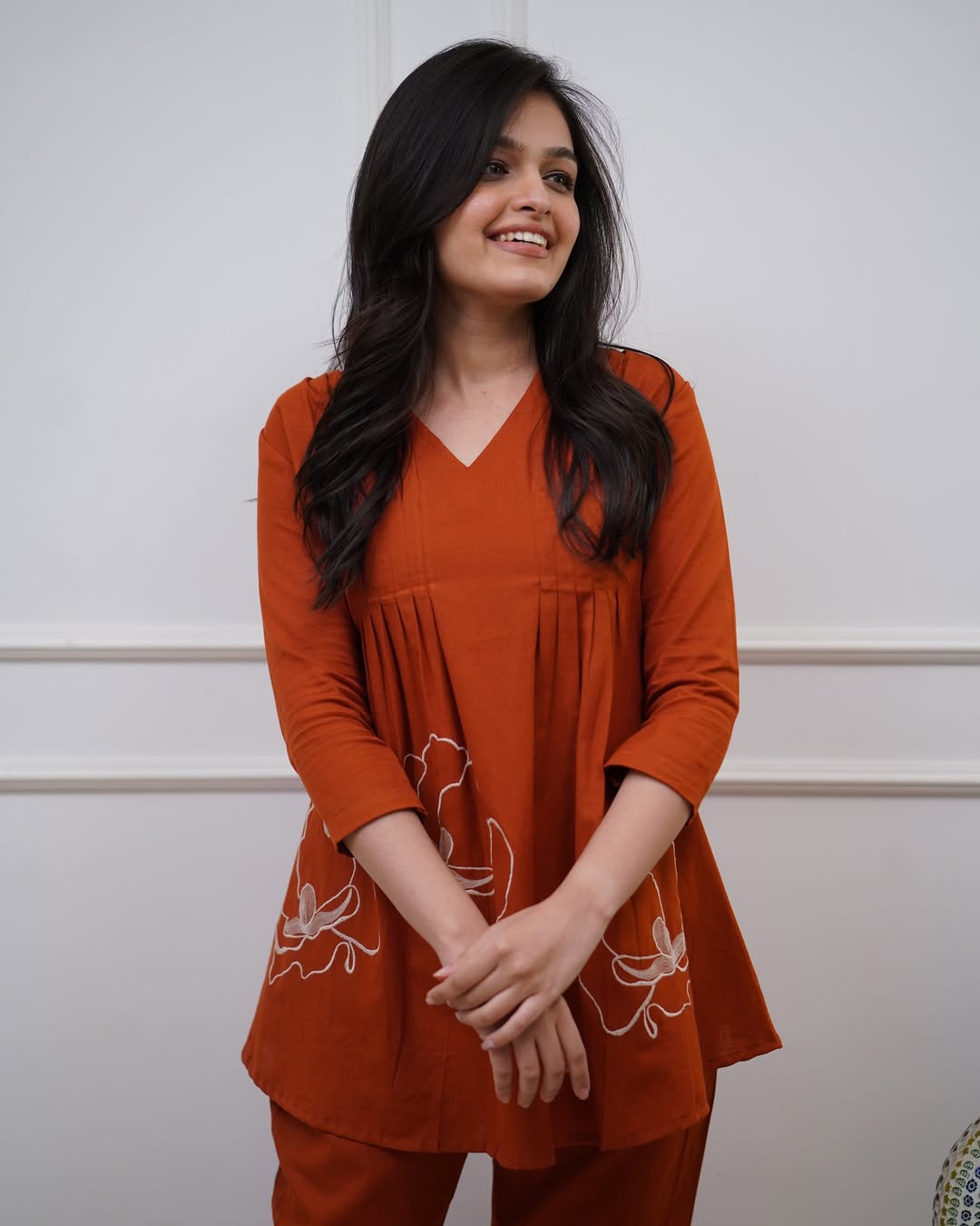 Rust Orange Embroidered Flared Top & Pant Co-ord Set for Women