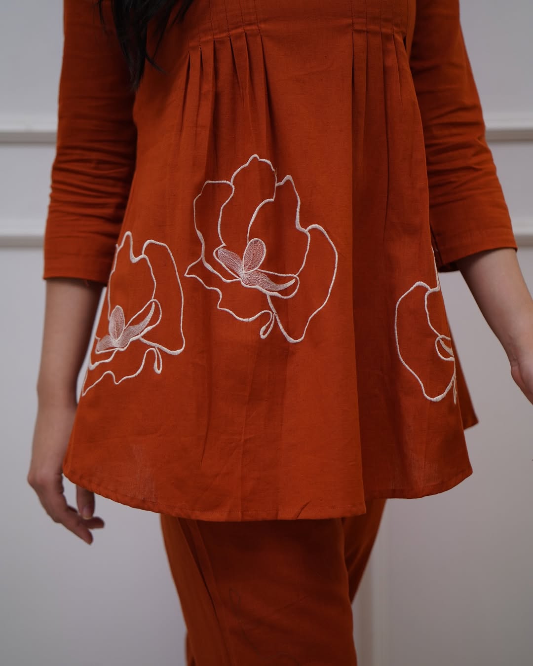 Rust Orange Embroidered Flared Top & Pant Co-ord Set for Women