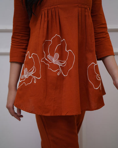 Rust Orange Embroidered Flared Top & Pant Co-ord Set for Women