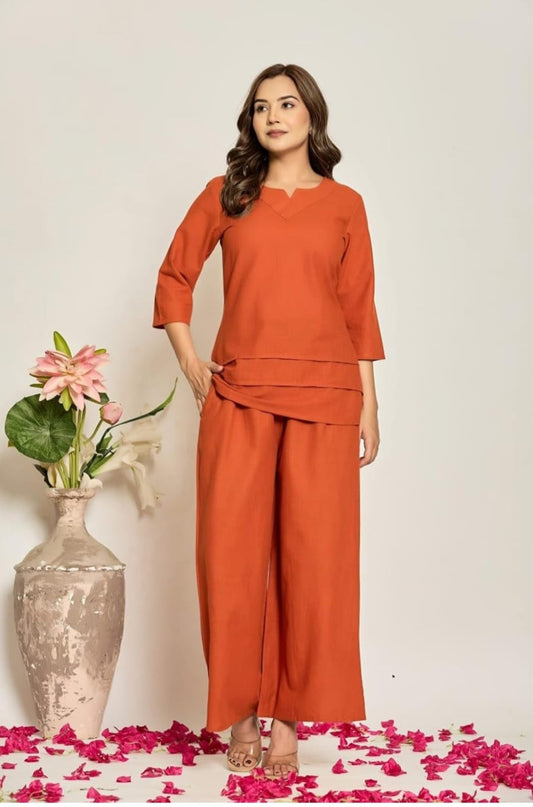 Rust Orange Minimal Pleated Top with Wide-Leg Pant Co-ord Set for Women