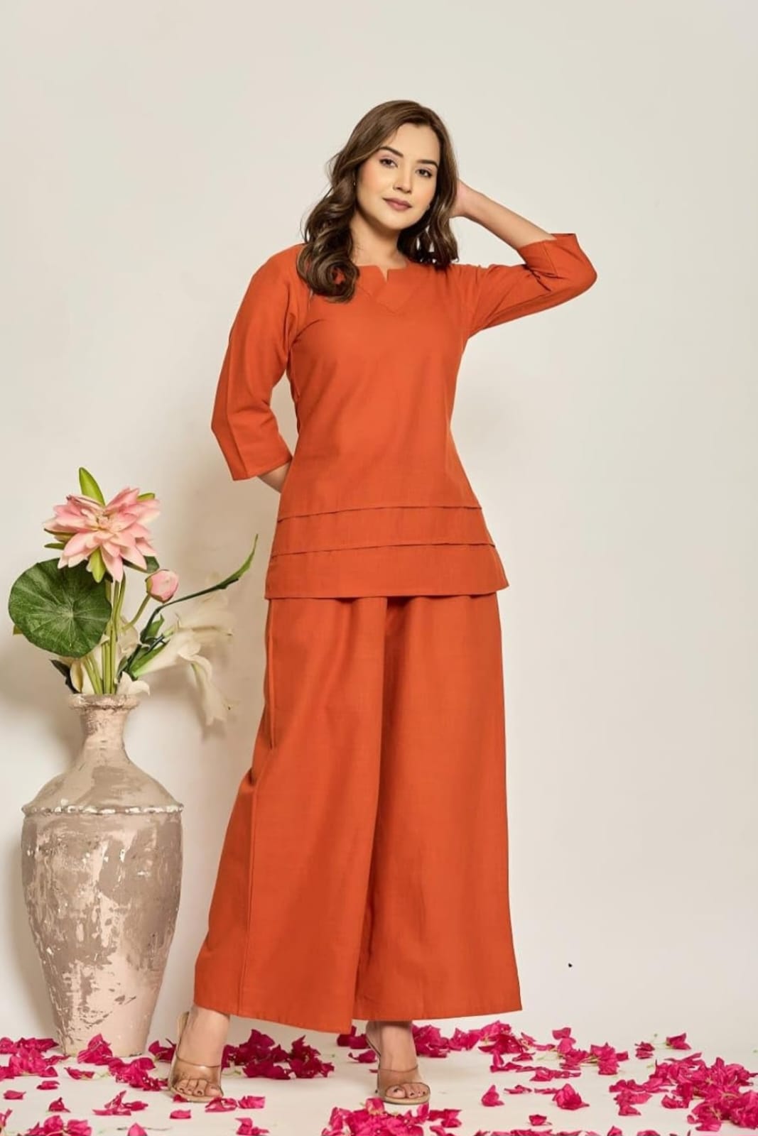 Rust Orange Minimal Pleated Top with Wide-Leg Pant Co-ord Set for Women