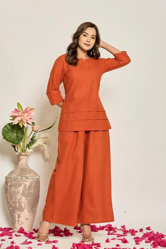 Rust Orange Minimal Pleated Top with Wide-Leg Pant Co-ord Set for Women
