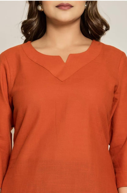 Rust Orange Minimal Pleated Top with Wide-Leg Pant Co-ord Set for Women