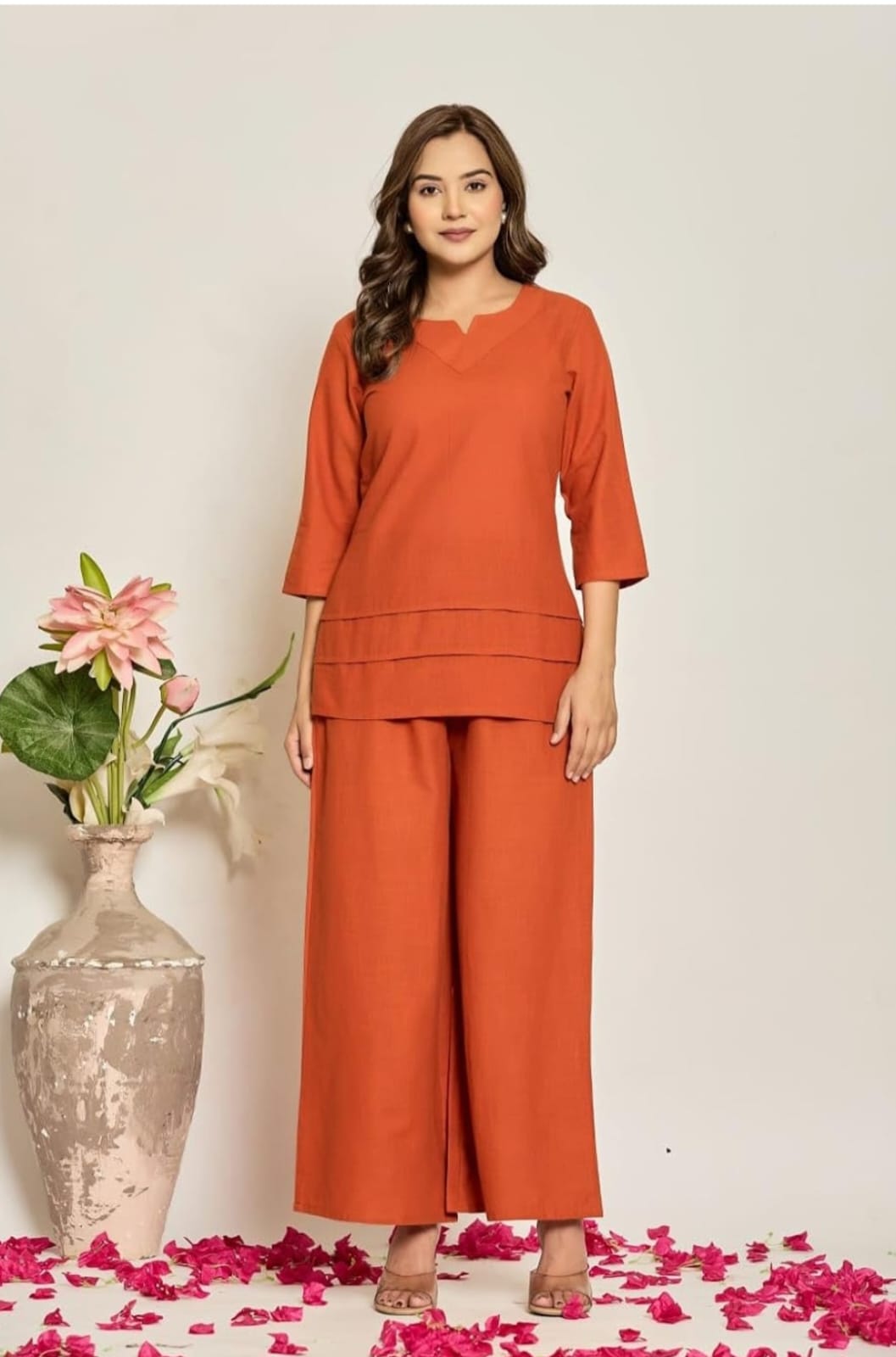Rust Orange Minimal Pleated Top with Wide-Leg Pant Co-ord Set for Women