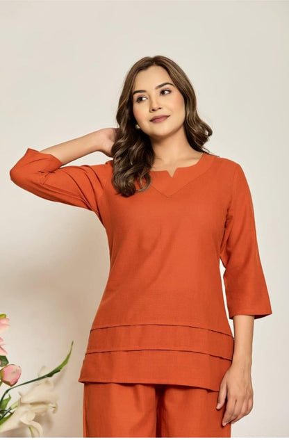 Rust Orange Minimal Pleated Top with Wide-Leg Pant Co-ord Set for Women