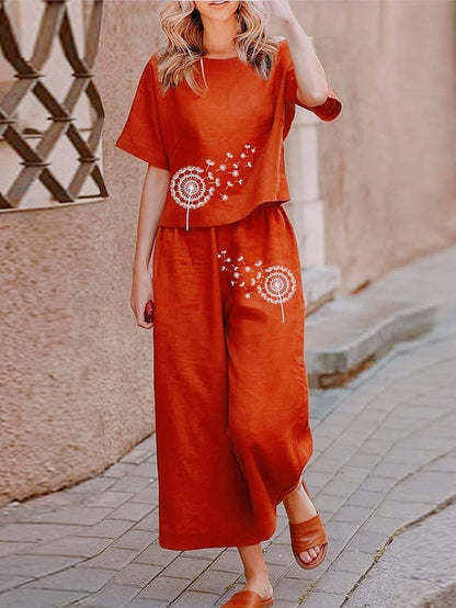 Rust Orange Dandelion Print Co-ord Set for Women | Short Top & Wide-Leg Pants