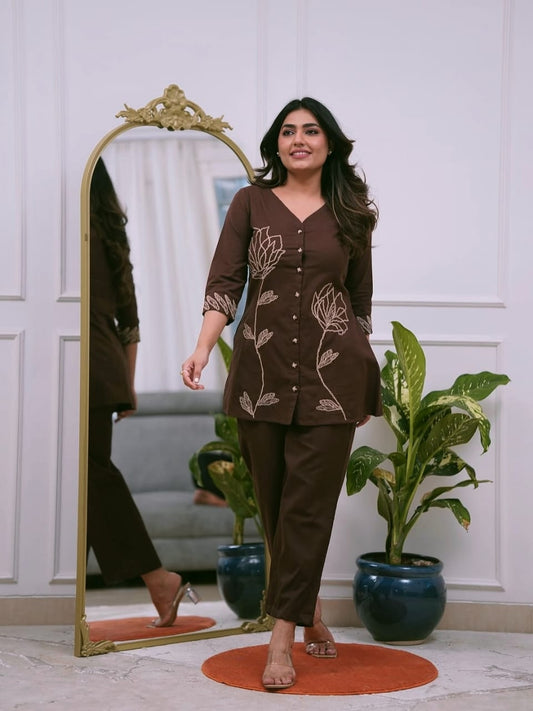 Coffee Brown Embroidered Co-ord Set for Women | V-Neck Top & Straight Pants