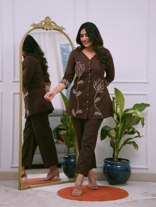 Coffee Brown Embroidered Co-ord Set for Women | V-Neck Top & Straight Pants