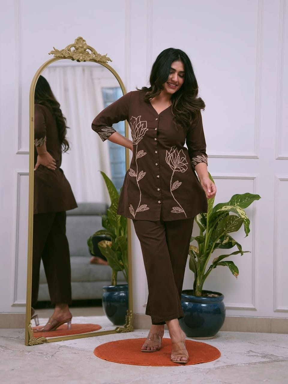 Coffee Brown Embroidered Co-ord Set for Women | V-Neck Top & Straight Pants