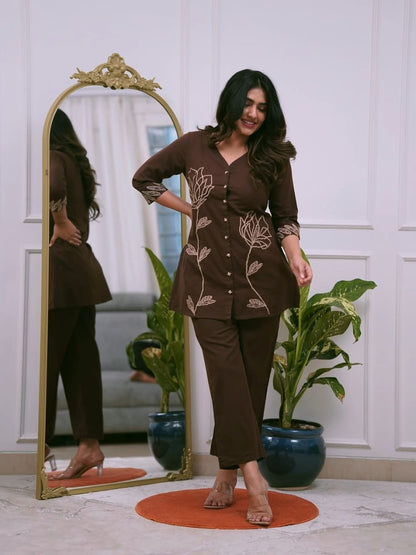 Coffee Brown Embroidered Co-ord Set for Women | V-Neck Top & Straight Pants