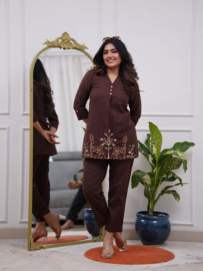 Coffee Brown Embroidered Deer Motif Co-ord Set | V-Neck Top & Straight Pants