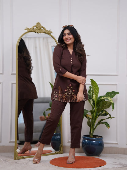 Coffee Brown Embroidered Deer Motif Co-ord Set | V-Neck Top & Straight Pants