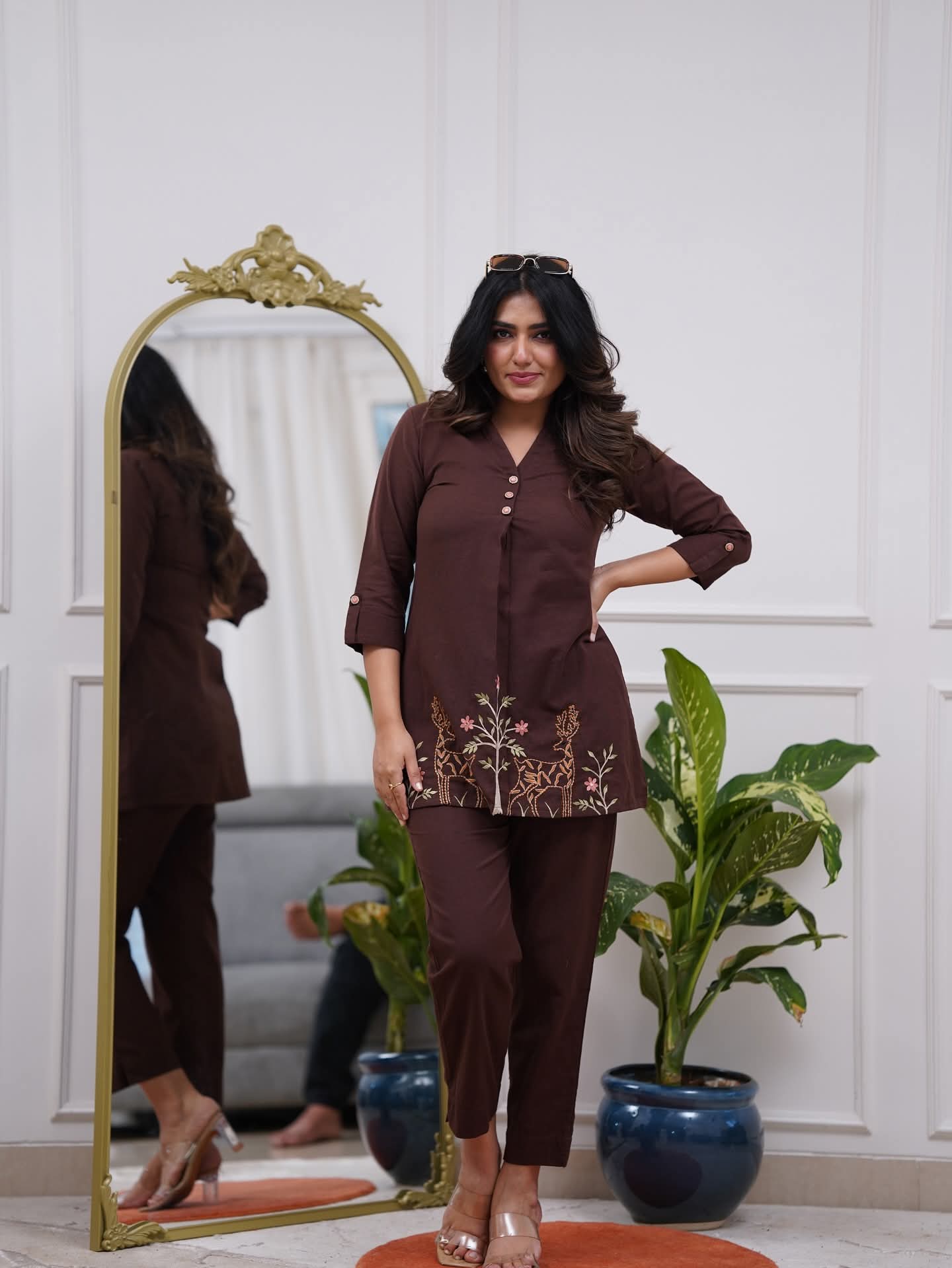 Coffee Brown Embroidered Deer Motif Co-ord Set | V-Neck Top & Straight Pants