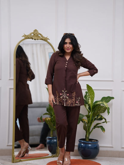 Coffee Brown Embroidered Deer Motif Co-ord Set | V-Neck Top & Straight Pants