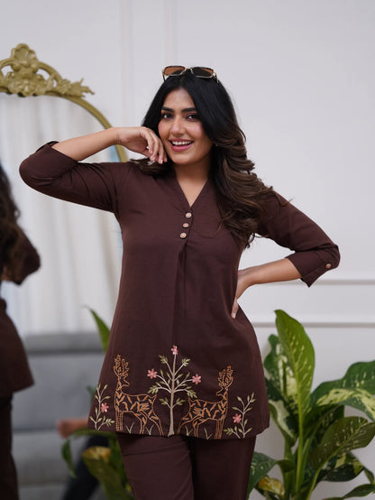 Coffee Brown Embroidered Deer Motif Co-ord Set | V-Neck Top & Straight Pants