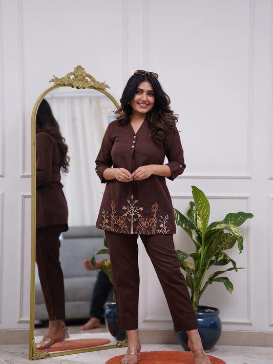 Coffee Brown Embroidered Deer Motif Co-ord Set | V-Neck Top & Straight Pants