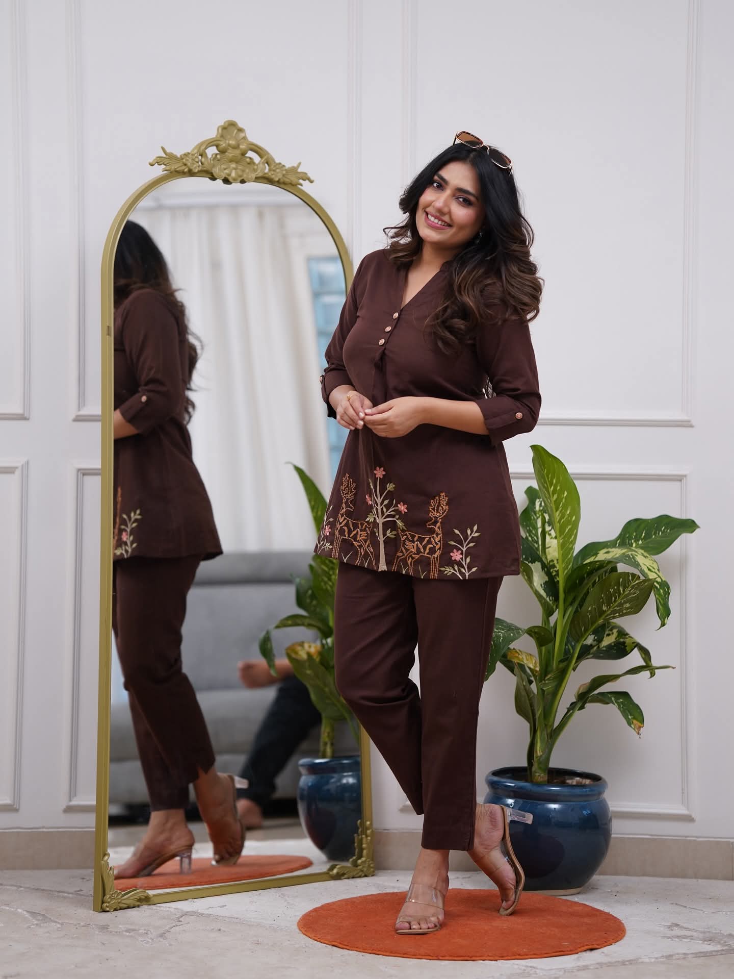 Coffee Brown Embroidered Deer Motif Co-ord Set | V-Neck Top & Straight Pants