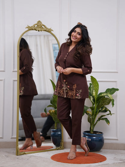 Coffee Brown Embroidered Deer Motif Co-ord Set | V-Neck Top & Straight Pants