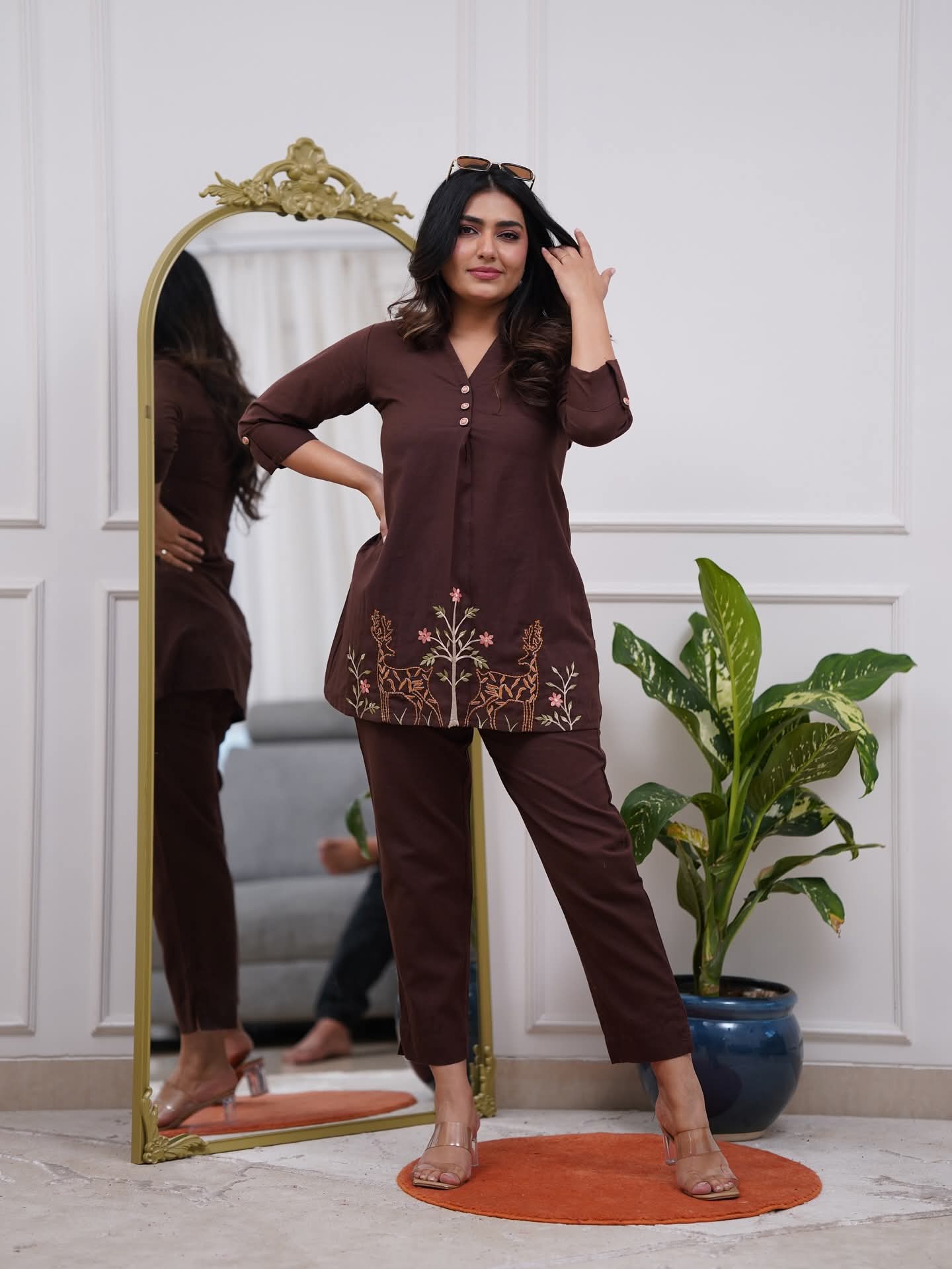Coffee Brown Embroidered Deer Motif Co-ord Set | V-Neck Top & Straight Pants