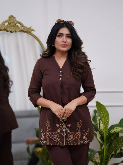 Coffee Brown Embroidered Deer Motif Co-ord Set | V-Neck Top & Straight Pants